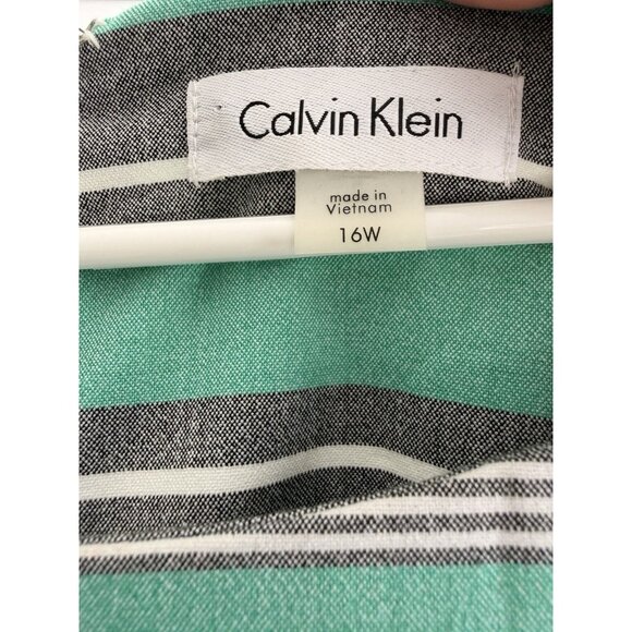 Calvin Klein 16W Sheath Dress Green Gray Stripe Belted Knee Length Lined Career - Picture 2 of 10